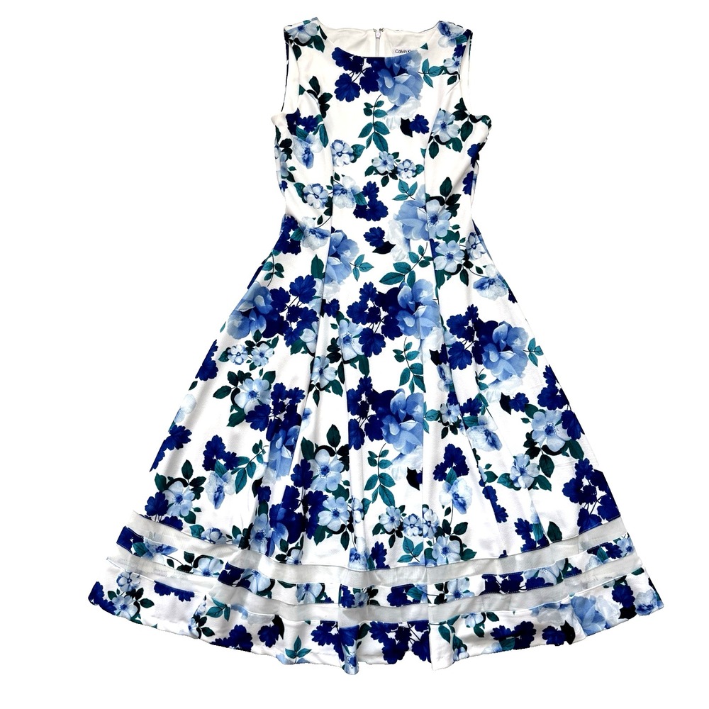 Calvin Klein Floral Midi Dress Women 2 XS Fit Flare A Line Garden Tea Party Blue